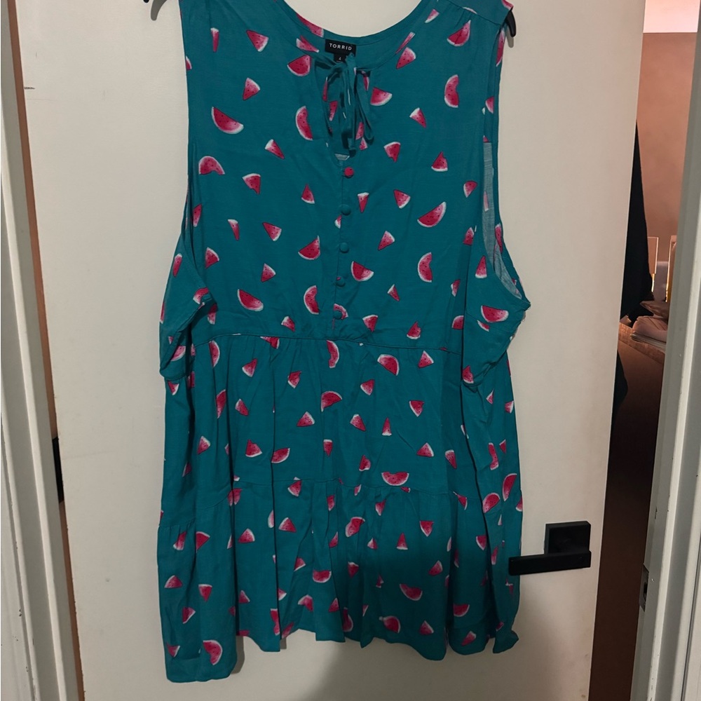Torrid Teal Tank Top with Watermelon Print